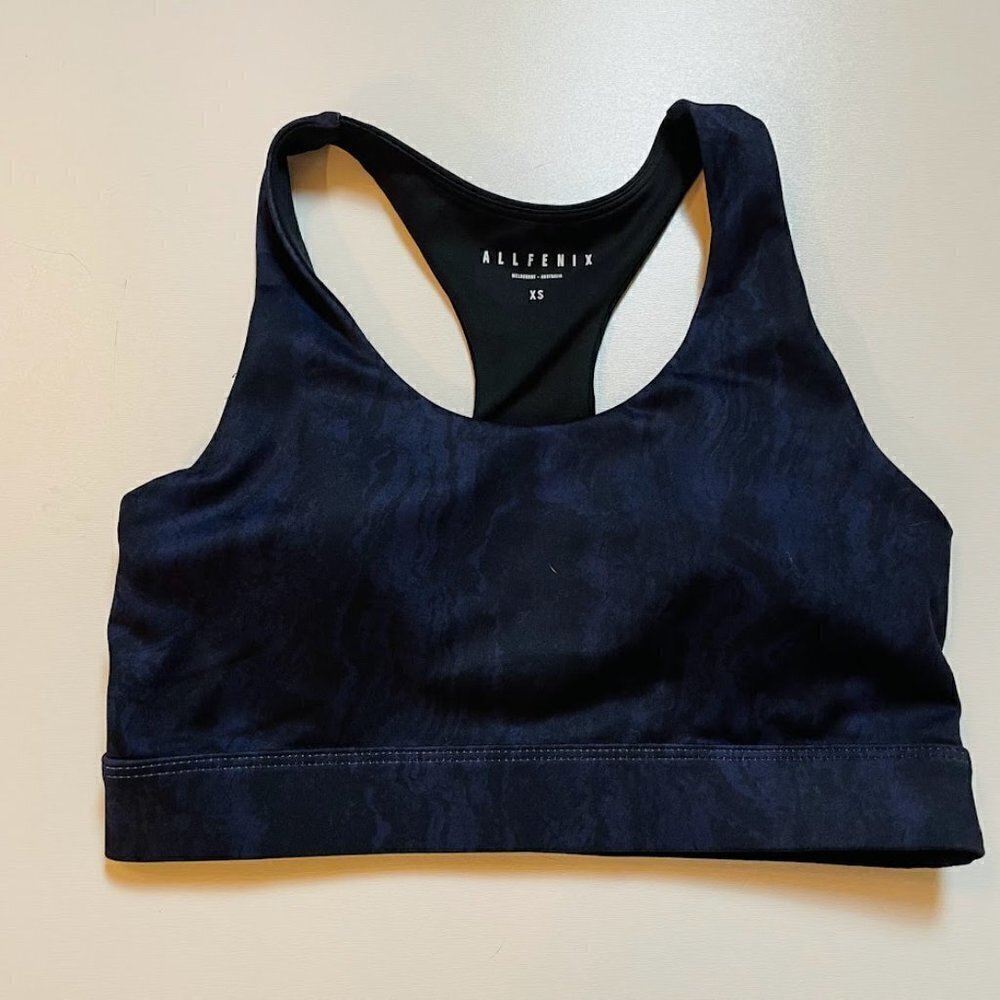 ALLFENIX Anthropologie Sports Bra Racerback Black Blue Cut Out Oil Tie Dye Sport